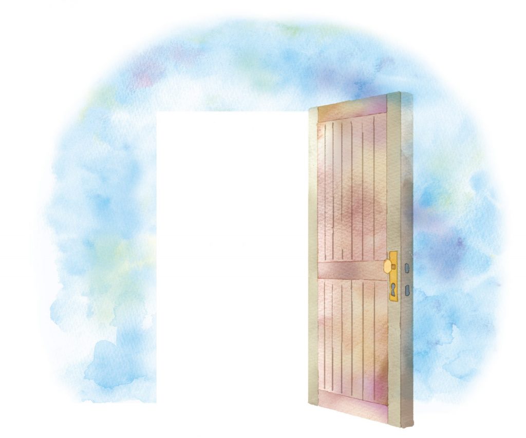 Watercolor wooden door opening into the light surrounded by blue sky