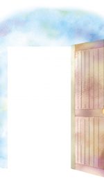 Watercolor wooden door opening into the light surrounded by blue sky