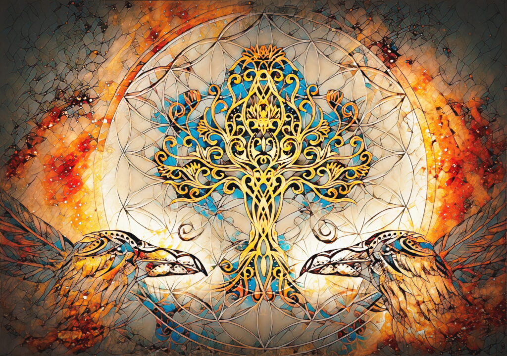 pair of ravens with tree of life and sacred geometry flower of life symbol, space background