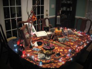 Table with memorabilia of family ancestors