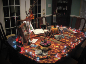 Table with memorabilia of family ancestors