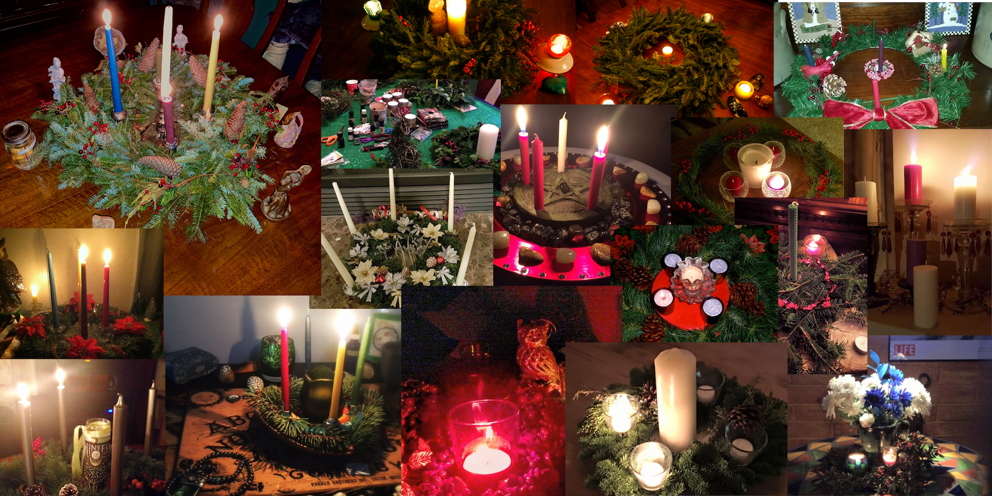 A collage of 17 Sun Wheel altars submitted by past participants