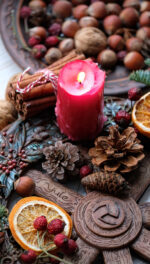 Winter altar for Yule sabbath. pagan holiday. Red candle, wheel of the year, cinnamon, nuts, cones, dry orange slices