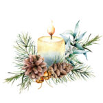 Watercolor Christmas candle with holiday decor. Hand painted floral composition with eucalyptus leaves, bells, pine cones and berries isolated on white background. Botanical illustration for design.