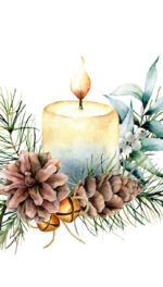 Watercolor Christmas candle with holiday decor. Hand painted floral composition with eucalyptus leaves, bells, pine cones and berries isolated on white background. Botanical illustration for design.