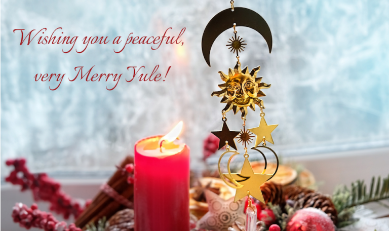 Solstice symbol and candle, winter decor. crystals, candle, berries