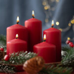 Five red candles lit with greenery and ornaments
