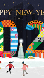 Vector Happy New Year 2022 with winter landscape in city with people celebrating on Chritsmas eve.Winter wonderland in the town with happy kids sledding and skating in the city park