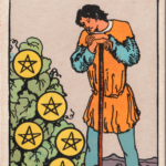 Waite Smith tarot seven of pentacles young man in garden gazing at vines with pentacles