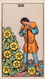 Waite Smith tarot seven of pentacles young man in garden gazing at vines with pentacles