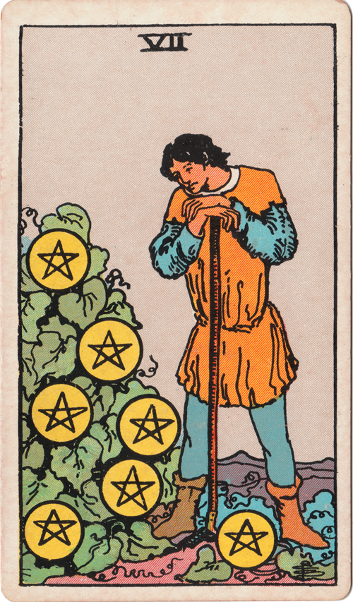 Waite Smith tarot seven of pentacles young man in garden gazing at vines with pentacles