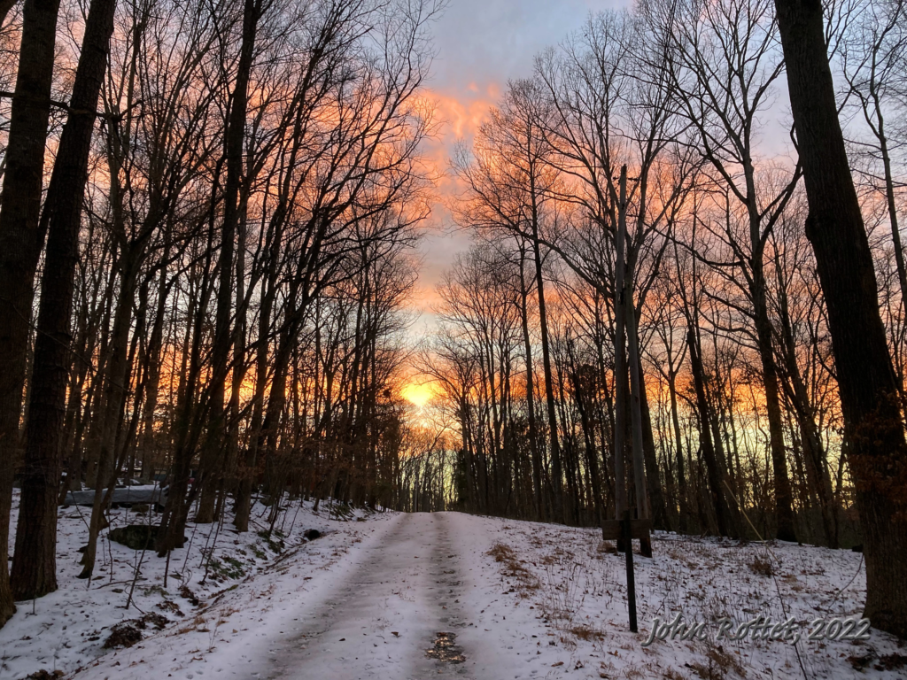 Personal photo by husband John Rottet of snowy sunset at Laurel Hill Cottage 2022