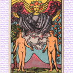 Waite-Smith Lovers card with nude couple and angel with typed background that says tarot card of the year 2022