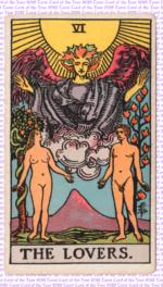 Waite-Smith Lovers card with nude couple and angel with typed background that says tarot card of the year 2022