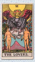 Waite-Smith Lovers card with nude couple and angel with typed background that says tarot card of the year 2022