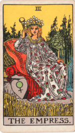 Waite-Smith public domain Empress woman in gown on throne in nature with shield of Venus