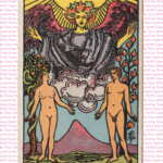 Waite-Smith Lovers card with nude couple and angel with typed background that says tarot card of the year 2022