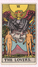 Waite-Smith Lovers card with nude couple and angel with typed background that says tarot card of the year 2022