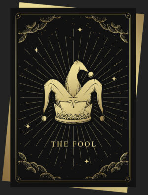Gold on black Fool card featuring line drawing and fool cap