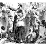 Stich, Abbildung, engraving, gravure :1890 New emigrants near the shore of America - 19th century.