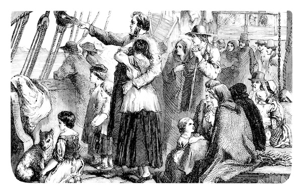 Stich, Abbildung, engraving, gravure :1890 New emigrants near the shore of America - 19th century.