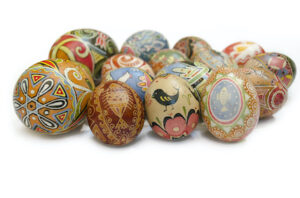 Ukrainian Easter egg, decorated with traditional Ukrainian folk designs using a wax-resist (batik) method