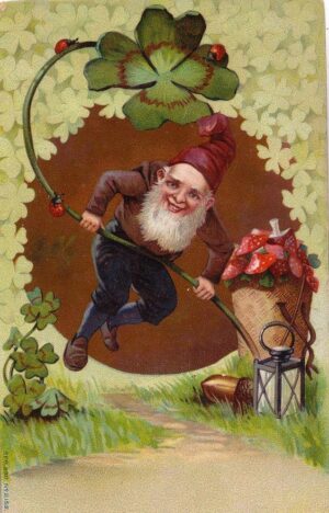 Vintage public domain image leprachaun with basket of mushrooms and acorns