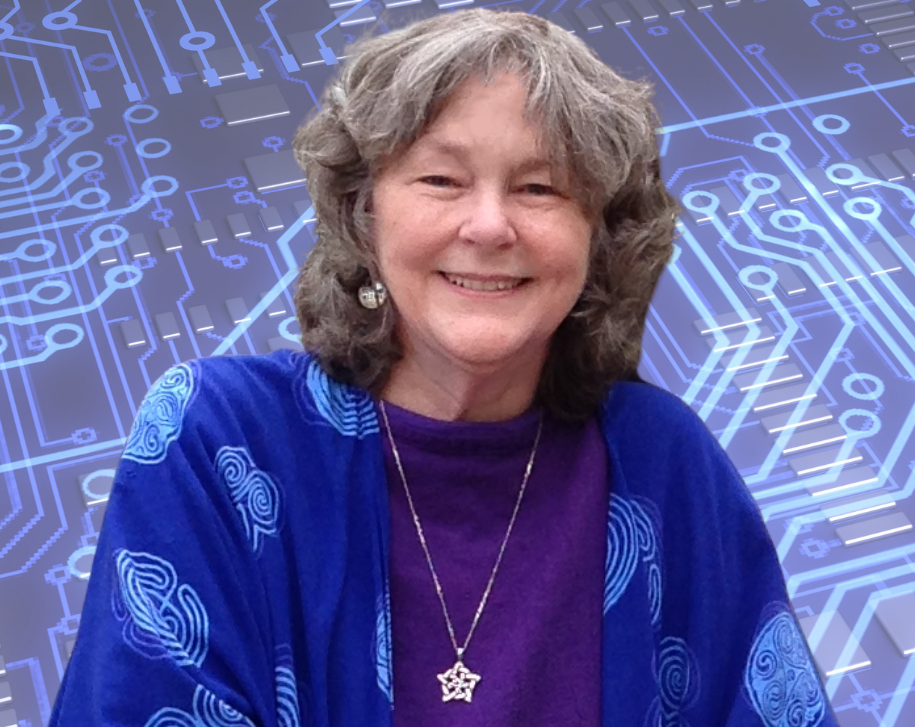 Self portrait of Beth with tech background