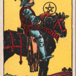 Waite-Smith Tarot Knight of Pentacles knight on black horse under yellow sky holding pentacle gazing out at furrowed fields