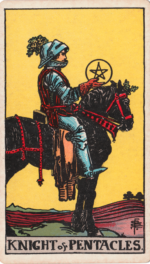 Waite-Smith Tarot Knight of Pentacles knight on black horse under yellow sky holding pentacle gazing out at furrowed fields