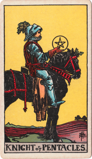 Waite-Smith Tarot Knight of Pentacles knight on black horse under yellow sky holding pentacle gazing out at furrowed fields