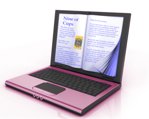 Pink laptop screen turning into book pages