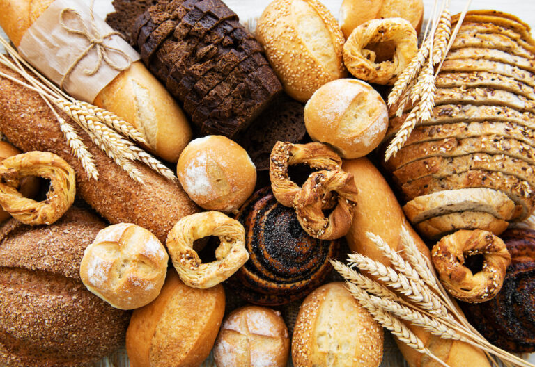 Assortment of baked bread as a food background
