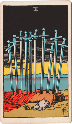 Tarot ten of swords from Waite Smith dead man with ten swords stuck in his back