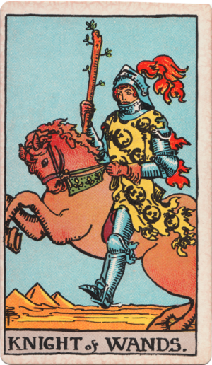 Public domain version of the Waite-Smith tarot Knight of Wands riding a rearing horse
