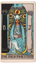 Waite-Smith Tarot High Priestess card crowned woman in blue robes on throne between two columns crescent moon at her feet