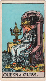 Queen of Cups Waite-Smith Tarot woman sitting on a shell shaped throne and holding ornate cup