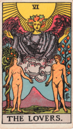 Lovers card illustration from the Waite-Smith Tarot