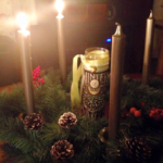 Personal photo from previous Solstice Sun Wreath participant two candles lit