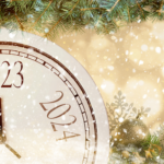 lock counting last moments to New 2023 Year, beautiful fir branches and festive decor