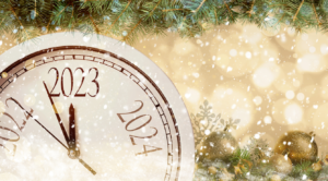 lock counting last moments to New 2023 Year, beautiful fir branches and festive decor