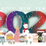 Art poster of Happy New Year message and a small colorful village in the snow