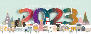 Art poster of Happy New Year message and a small colorful village in the snow