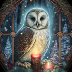 Art image of owl surrounded by Yule greenery and candles