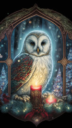 Art image of owl surrounded by Yule greenery and candles