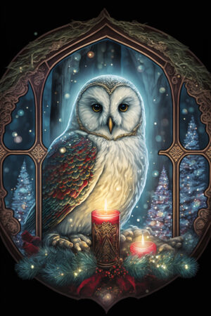 Art image of owl surrounded by Yule greenery and candles