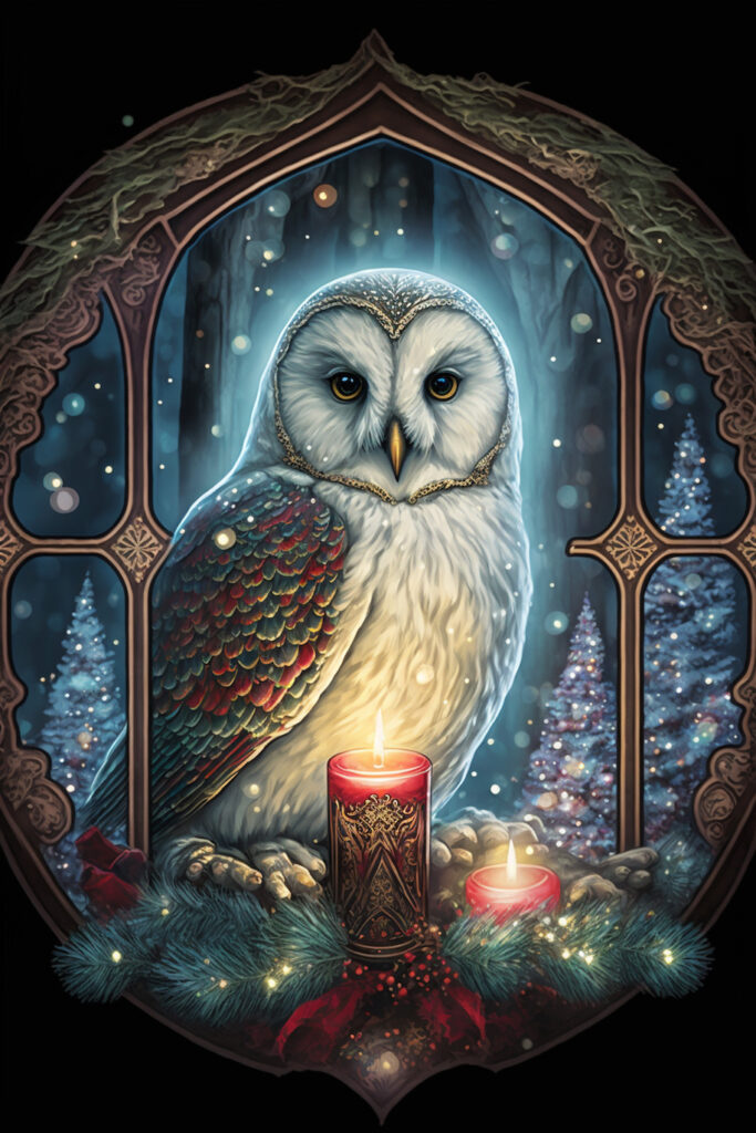 Art image of owl surrounded by Yule greenery and candles