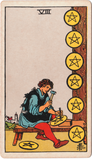 Man at bench hammering eight pentacles W-S Tarot Eight of Pentacles