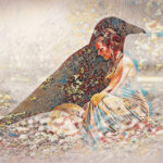 Watercolor stained glass effect of woman playing on shamanic frame drum with overlay of a raven.