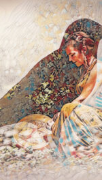 Watercolor stained glass effect of woman playing on shamanic frame drum with overlay of a raven.